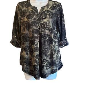Chances R Black Tan Floral Burnout Sheer Roll Tab Sleeve Blouse‎ Top Small Boho